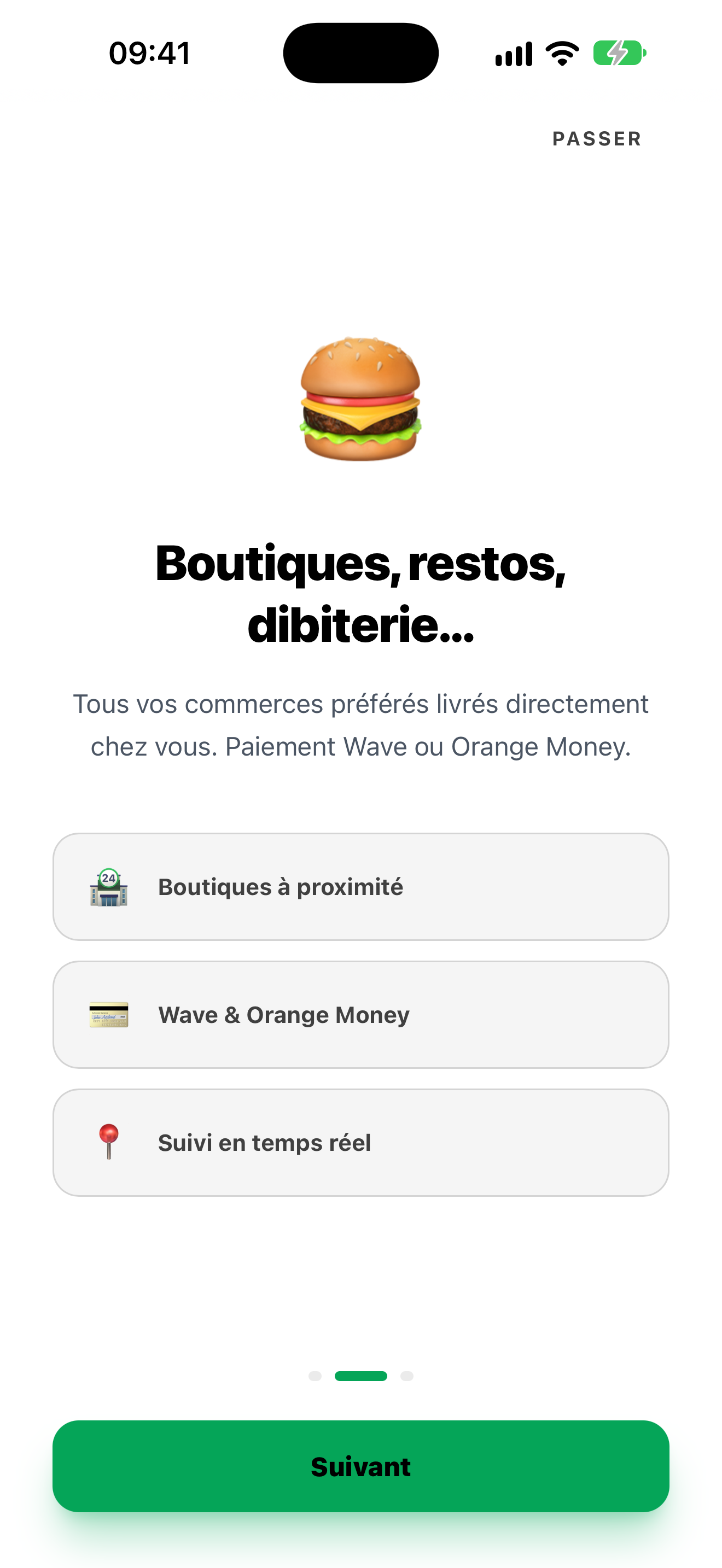 Écran iOS Galsend : commerces à proximité, paiements Wave et Orange Money, suivi en temps réel